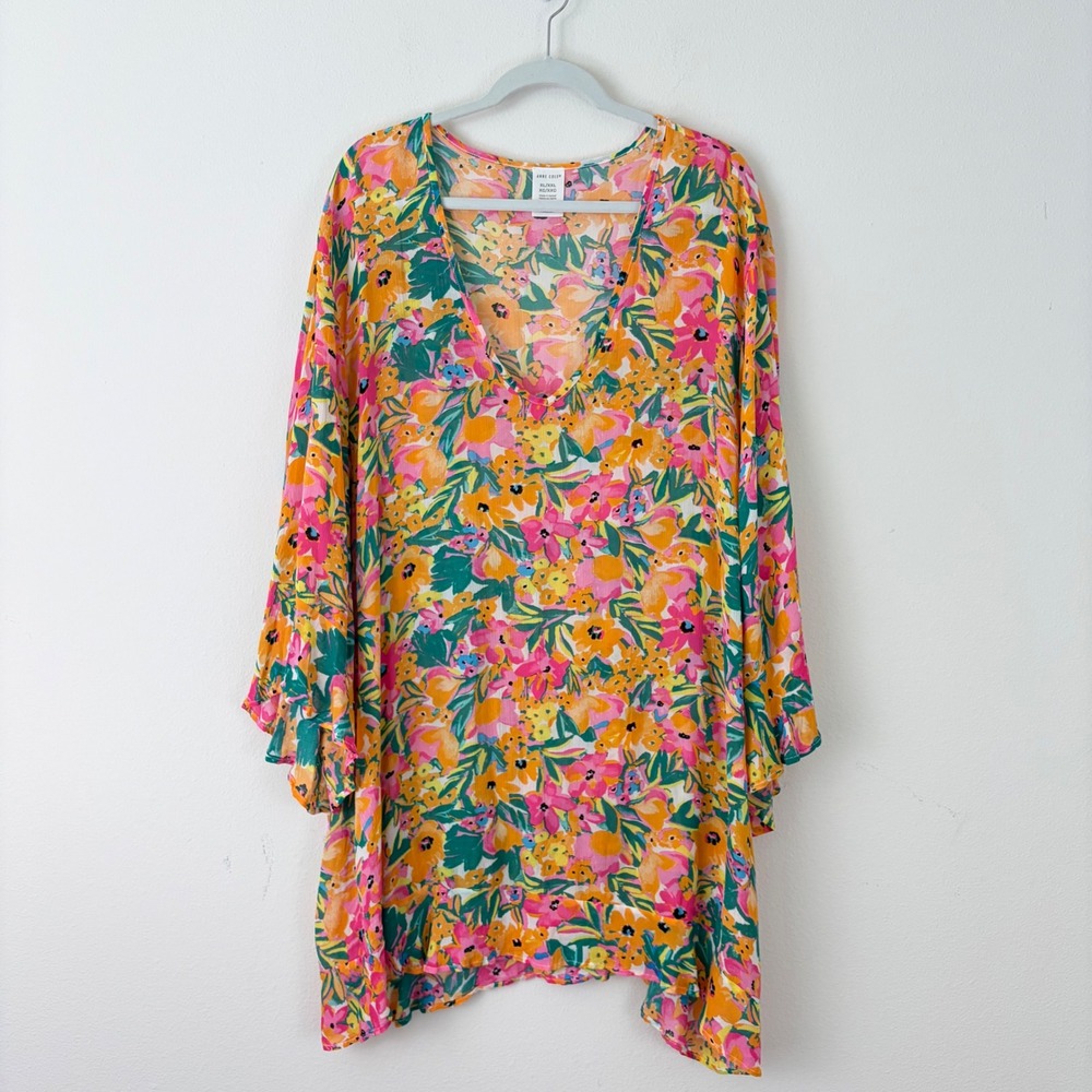 Anne Cole Floral Swim Cover Up Dress XL/XXL Pink Orange V-Neck Bell Sleeve Tunic